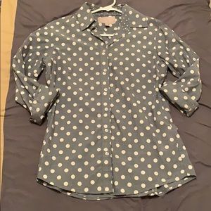 Blue grey button down polka dot top